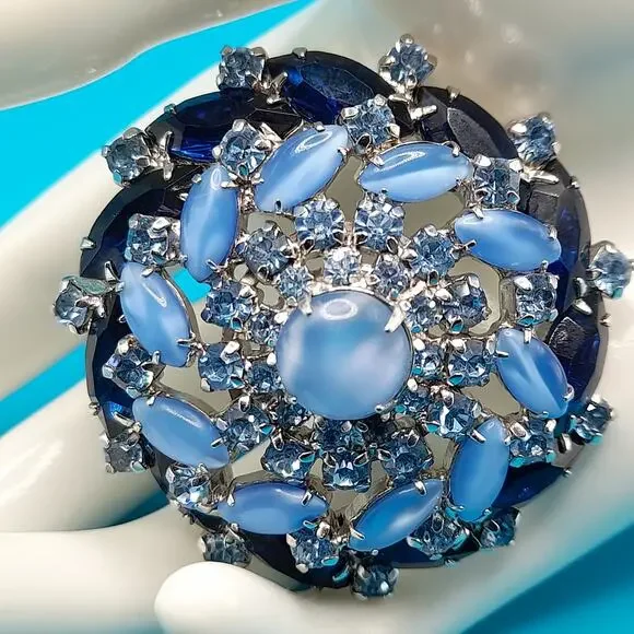 Vintage Blue Domed Rhinestone Brooch Light & Dark Blue Cabochon 1960s - Picture 1 of 11